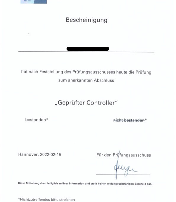 Bescheinigung IHK Controlling